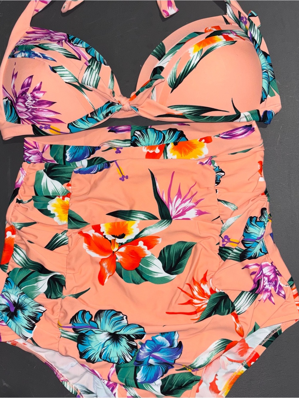 Peach Tropical Floral High-Waist Bikini Set